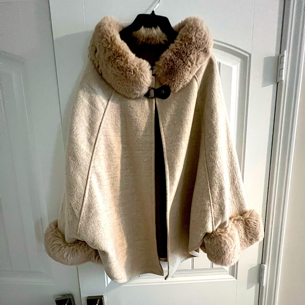 COPY - COCO and Carmen beautiful faux fur cape wool drape with neck snap enclos…